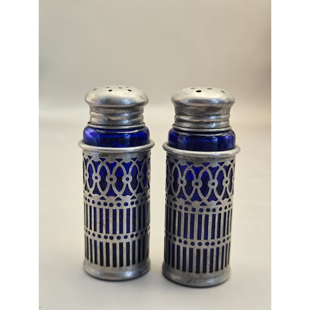 Vintage Salt & Pepper Art Deco Cobalt Blue  With A  Silver Lattice Design B#16